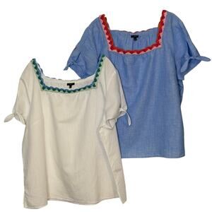 Talbots Linen Cotton Tops Plus 3X Crochet Trim Square Neck Short Sleeve Bundle